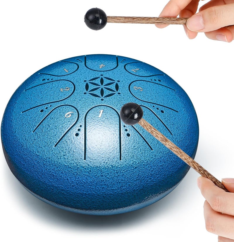 PUJONI Steel Tongue Drum, 6 Inch 8 Notes Percussion Instruments with Music Book, Mallets, Carry Bag, Finger Picks, Gifts for Beginners Musical Education & Adults Relaxation Meditation (Seablue) - Image 2